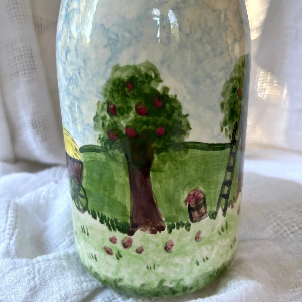 Vintage 80s Hand Painted Ceramic Milk Bottle Vase Cottage Country Barn Folk Art